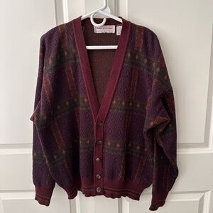 John Ashford Men's Sz. L Patterned Burgundy Cardigan Made In Italy